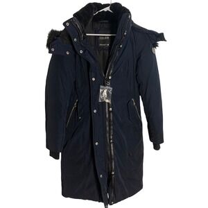 Noize‎ Women S Jacket CoatNavy Blue Faux Fur Trim Hood (Removes) Zip Snap Front